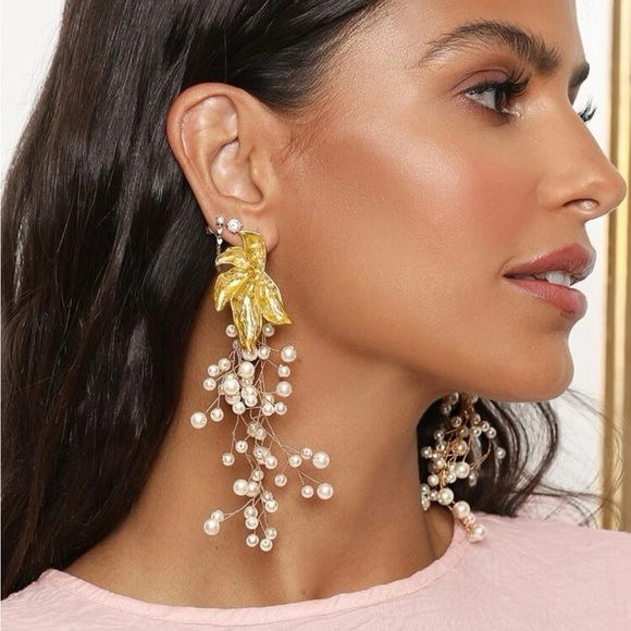 Zara Gold Flower Pearl Drop Earrings - Picture 1 of 15